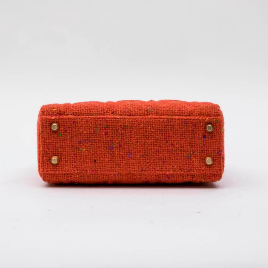 CHRISTIAN DIOR 'Lady Dior' Mini Bag in Coral Tweed and leather In Excellent Condition In Paris, FR