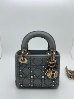 Christian Dior Lady Dior Mini Grey Crystal Embellished Cannage Bag Gold HW