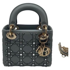 Christian Dior Lady Dior Mini Grey Crystal Embellished Cannage Bag Gold HW