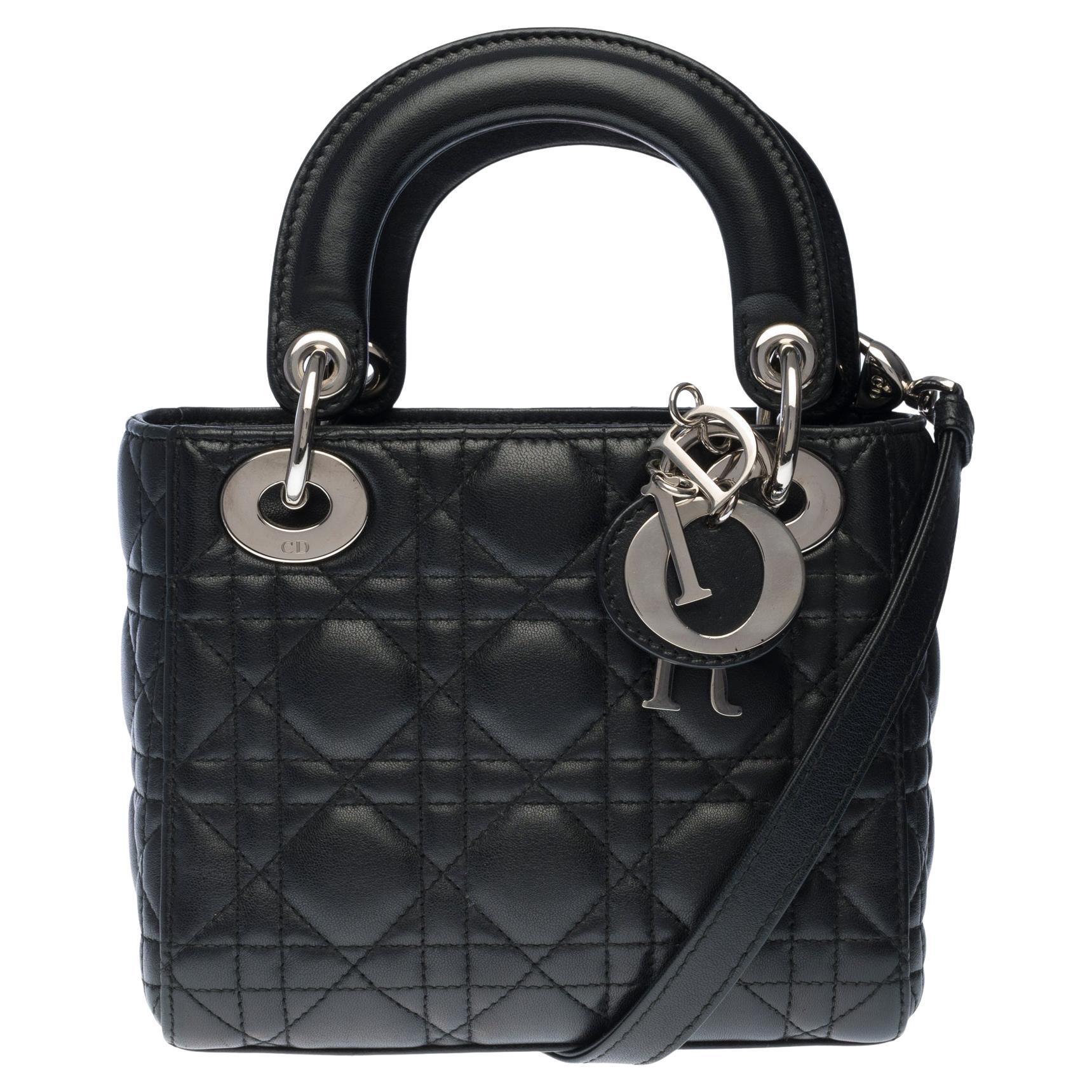  Christian Dior Lady Dior Mini handbag strap in black cannage leather, SHW