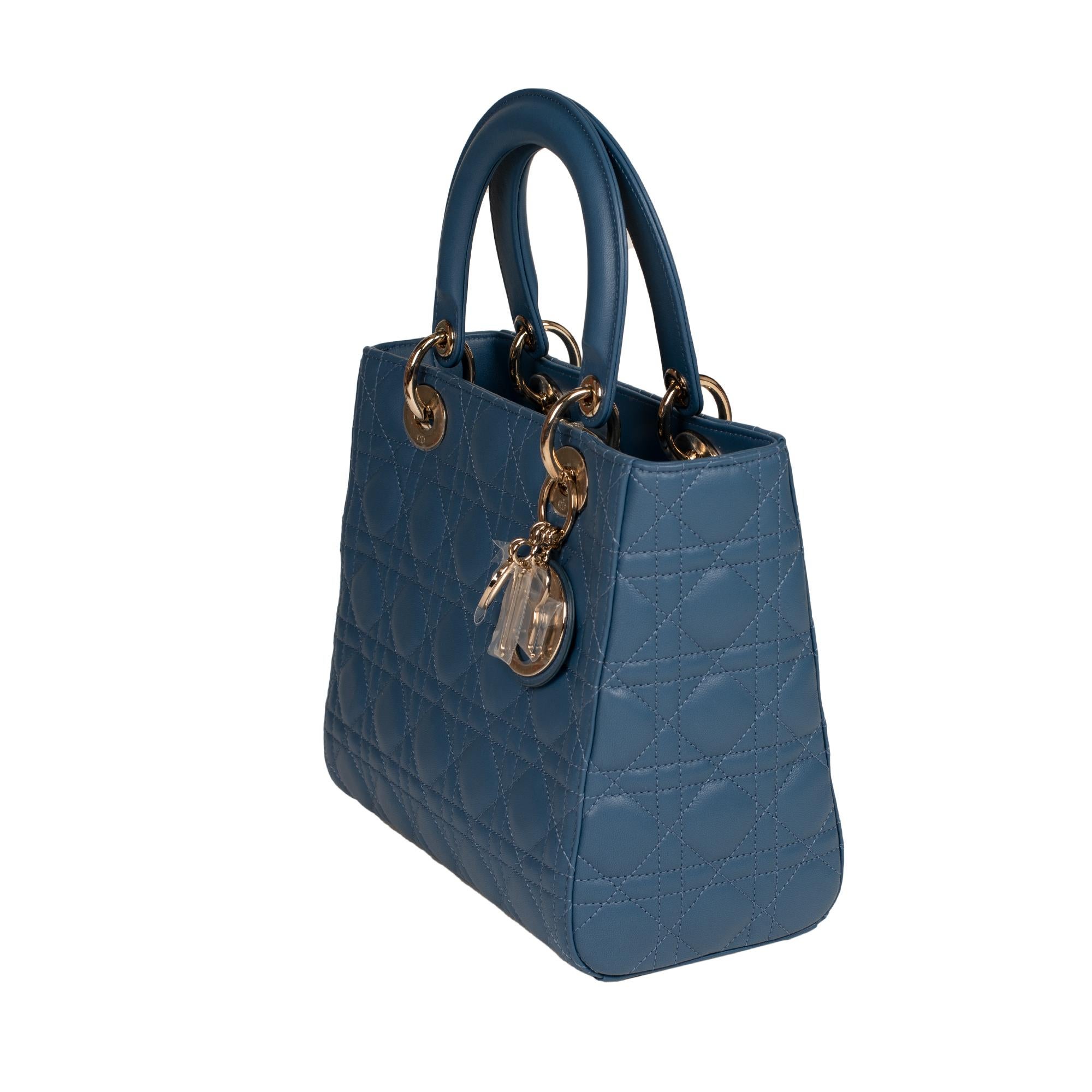 Blue  Christian Dior Lady Dior MM (Medium size) handbag in blue cannage leather, PHW