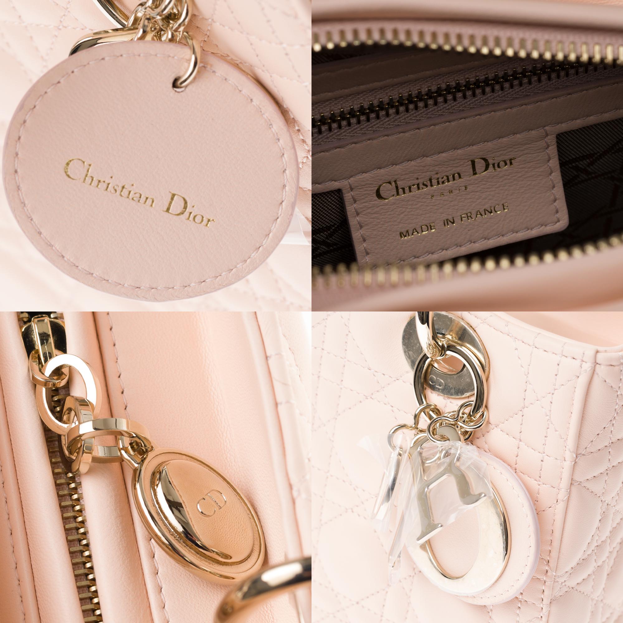 Beige  Christian Dior Lady Dior MM (Medium size) handbag in Pink cannage leather, GHW