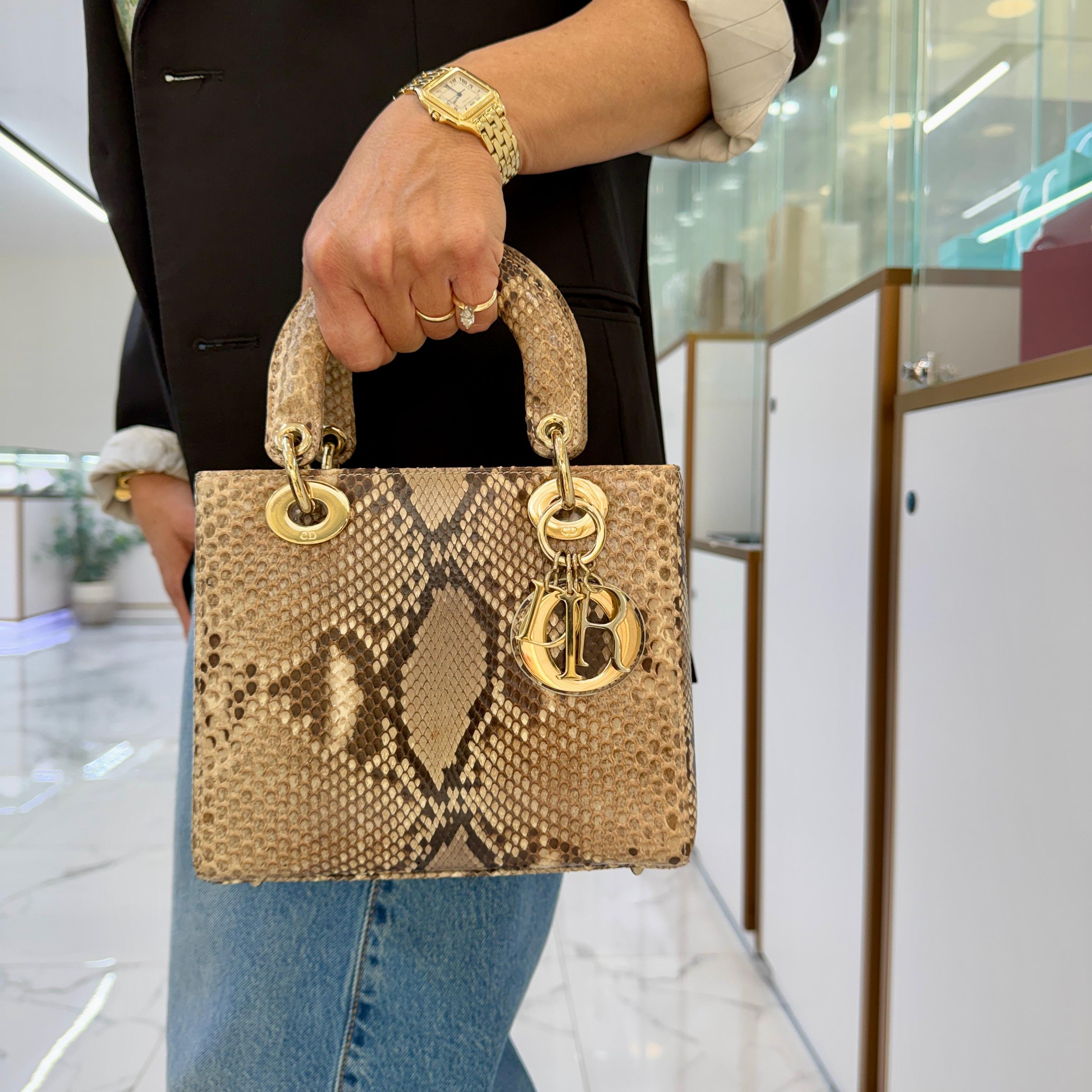 Christian Dior Lady Dior Python Snakeskin Gold Hardware Top Handle Bag ...