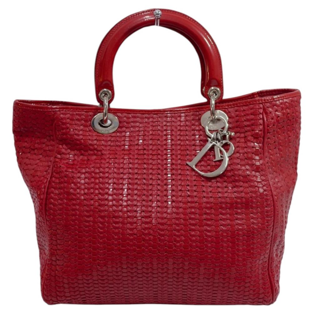 Borsa tote Christian Dior Lady Dior in pelle intrecciata rossa in vendita