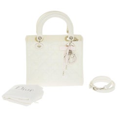 Used  Christian Dior Lady Dior shoulder bag in white patent cannage leather, SHW