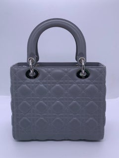 Christian Dior Lady Dior Shoulder Bag Medium Gray Leather