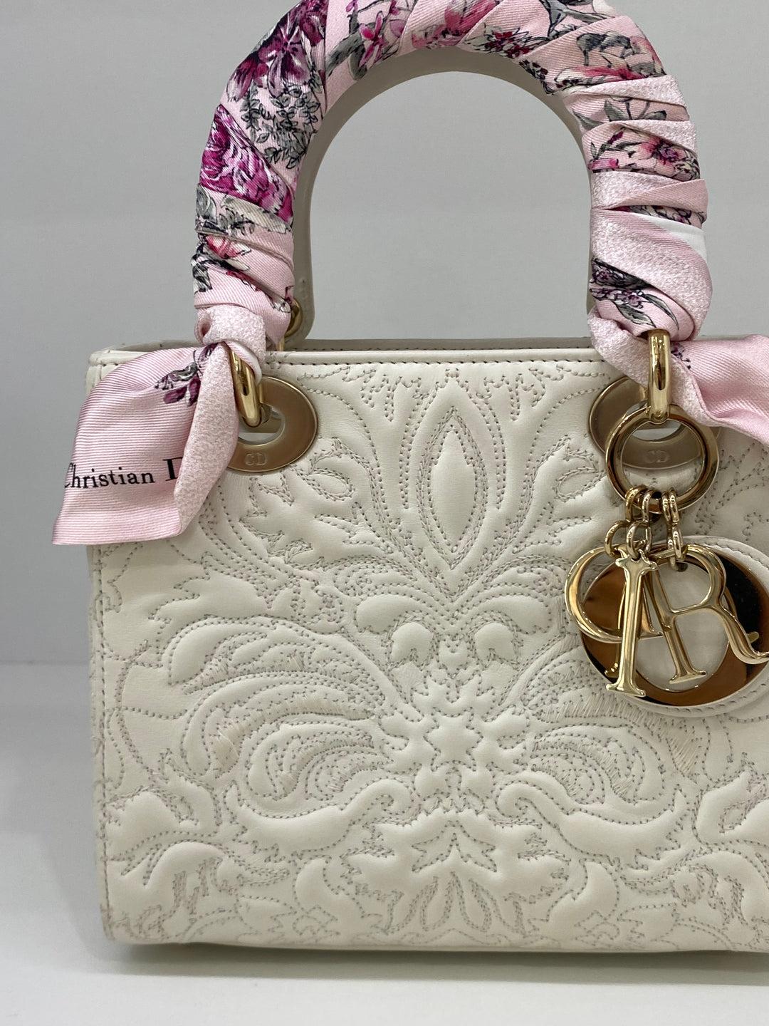 Christian Dior Lady Dior Small - White Embroidery In Excellent Condition For Sale In Double Bay, AU