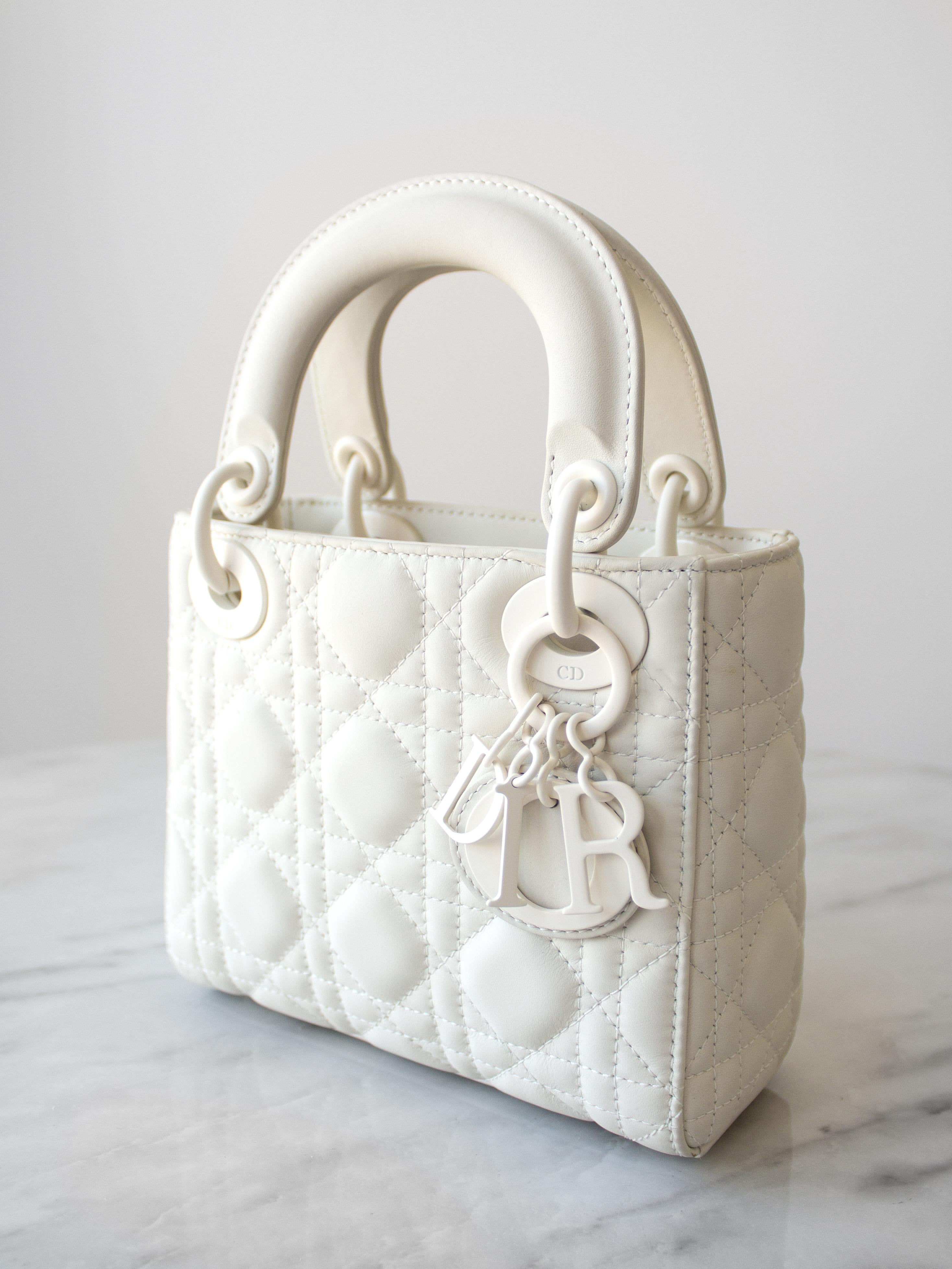 Women's Christian Dior Lady Dior Ultra Matte Latte White Mini Calfskin Leather Bag