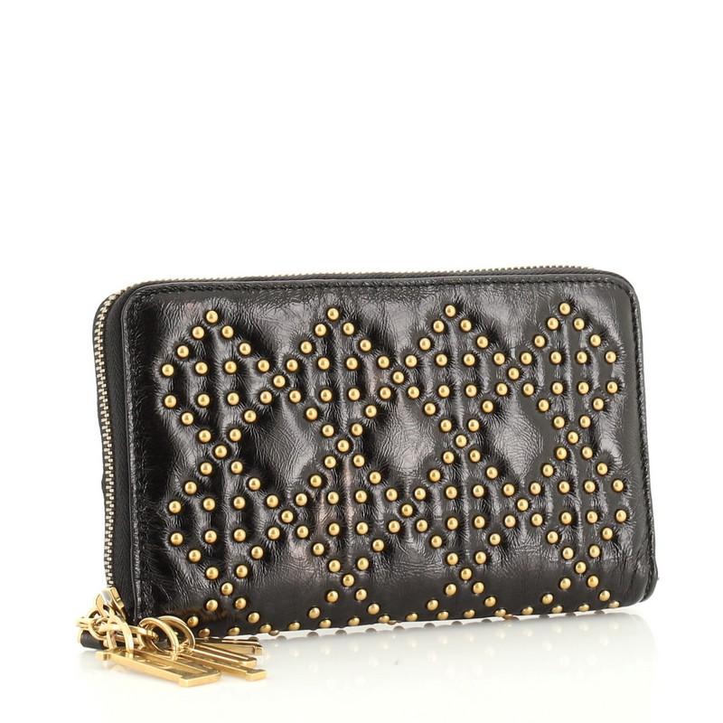 Black Christian Dior Lady Dior Zip Around Wallet Cannage Studded Leather