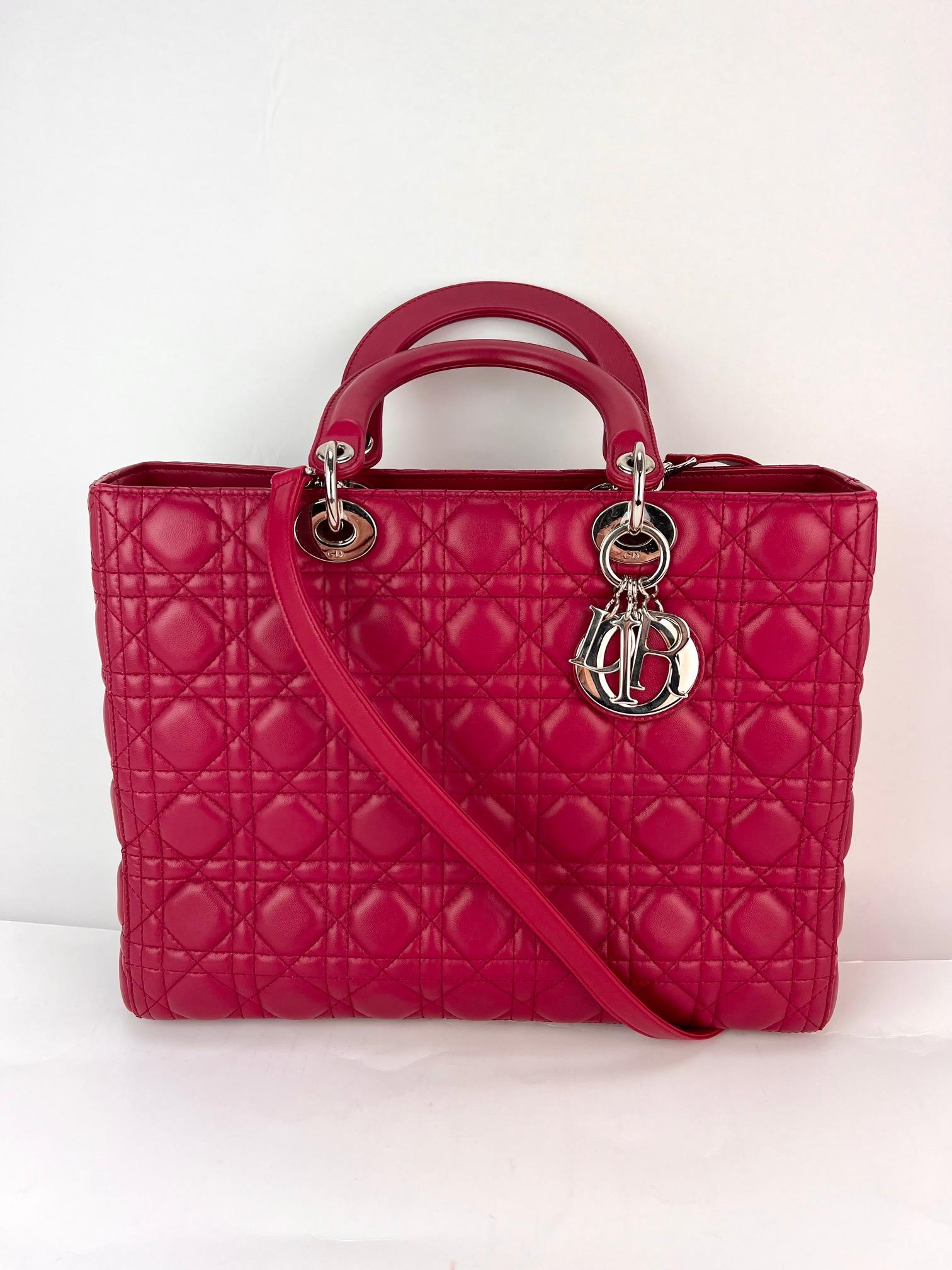 Christian Dior Lambskin Cannage Large Red Lady Dior Shoulder Bag For Sale 8