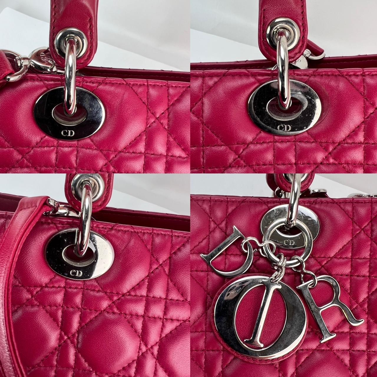 Pre-Owned  100% Authentic
Christian Dior Lambskin Cannage
Large Red Lady Dior Shoulder Bag
RETAILS: $6800
RATING: B...Very Good, well maintained,
shows minor signs of wear
MATERIAL: lambskin leather
STRAP: Dior Removable leather Strap 34.5''
