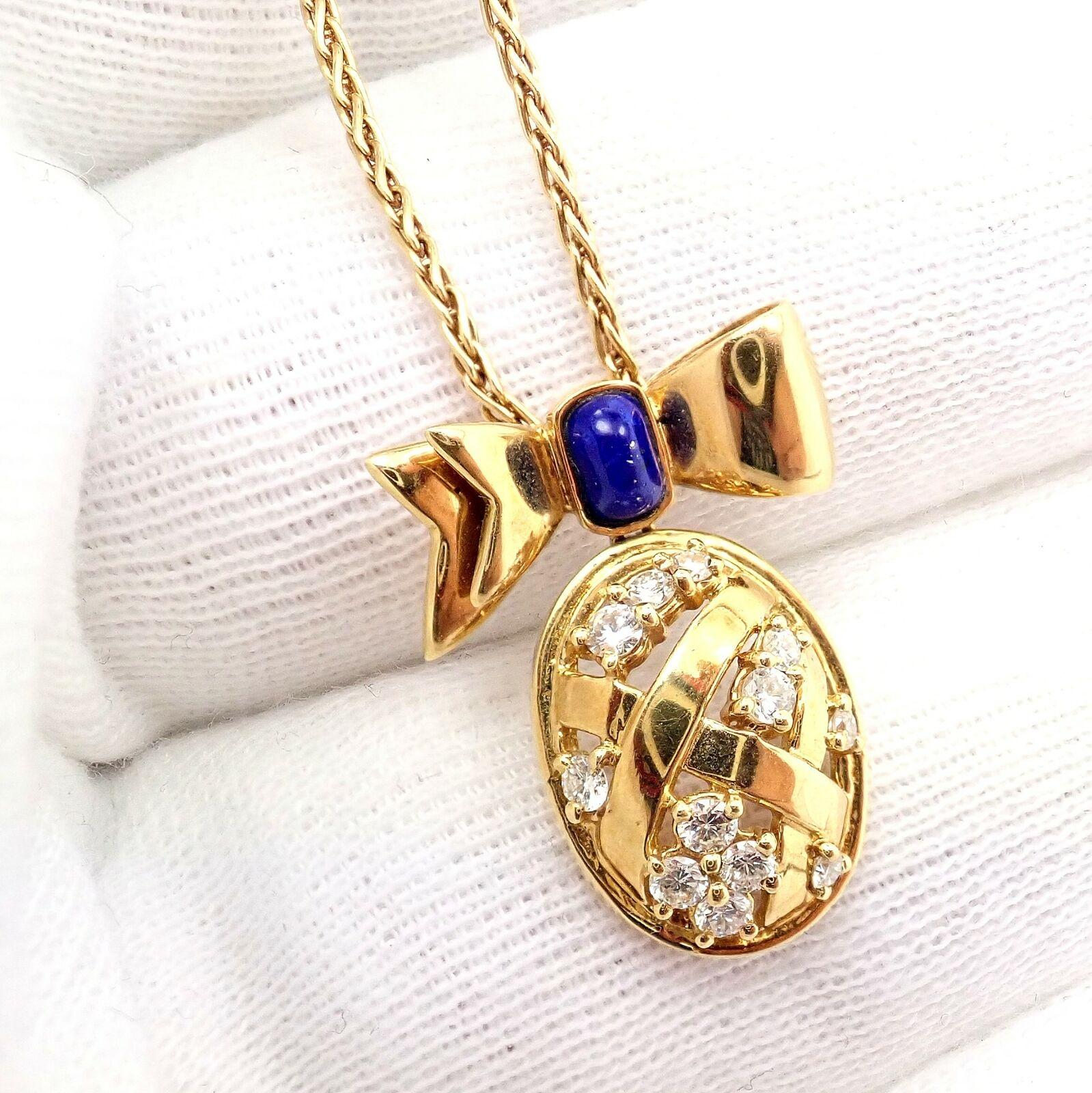 Brilliant Cut Christian Dior Lapis Diamond Bow Pendant Yellow Gold Necklace For Sale