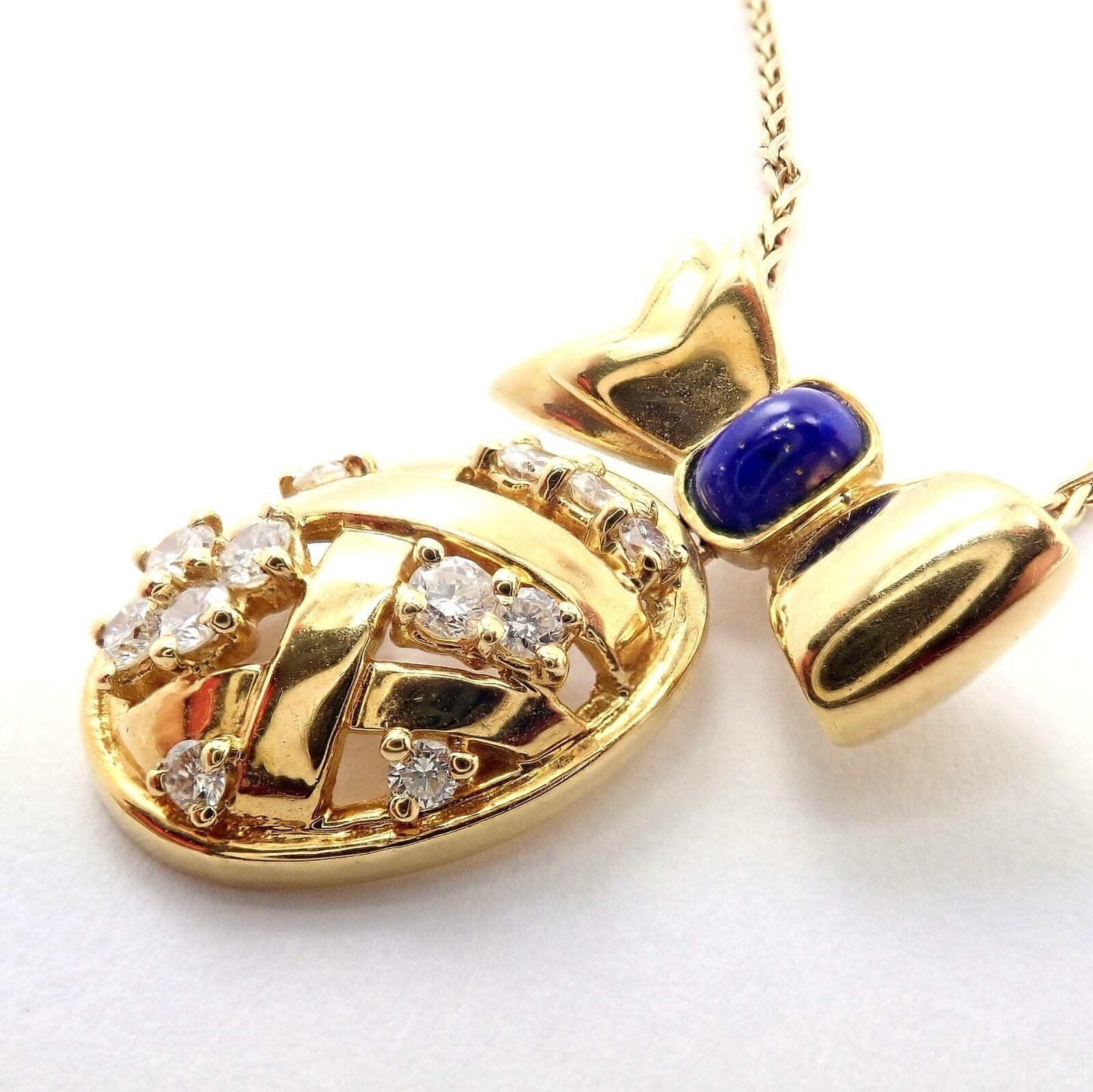 Christian Dior Lapis Diamond Bow Pendant Yellow Gold Necklace In Excellent Condition For Sale In Holland, PA