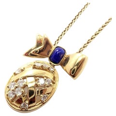 Christian Dior Lapis Diamond Bow Pendant Yellow Gold Necklace