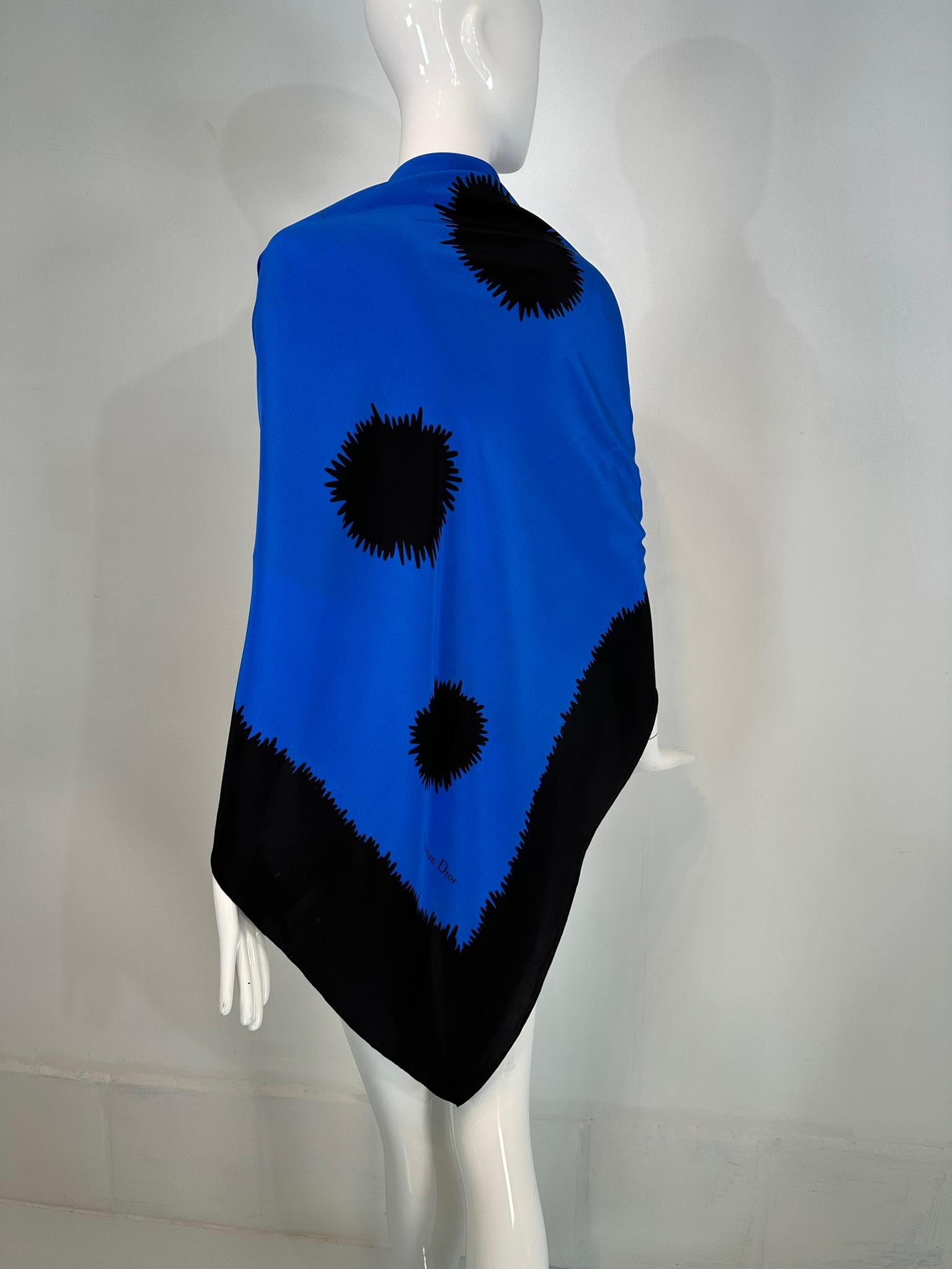 Christian Dior Large Black & Blue Silk Starburst Design Shawl Wrap Scarf 54