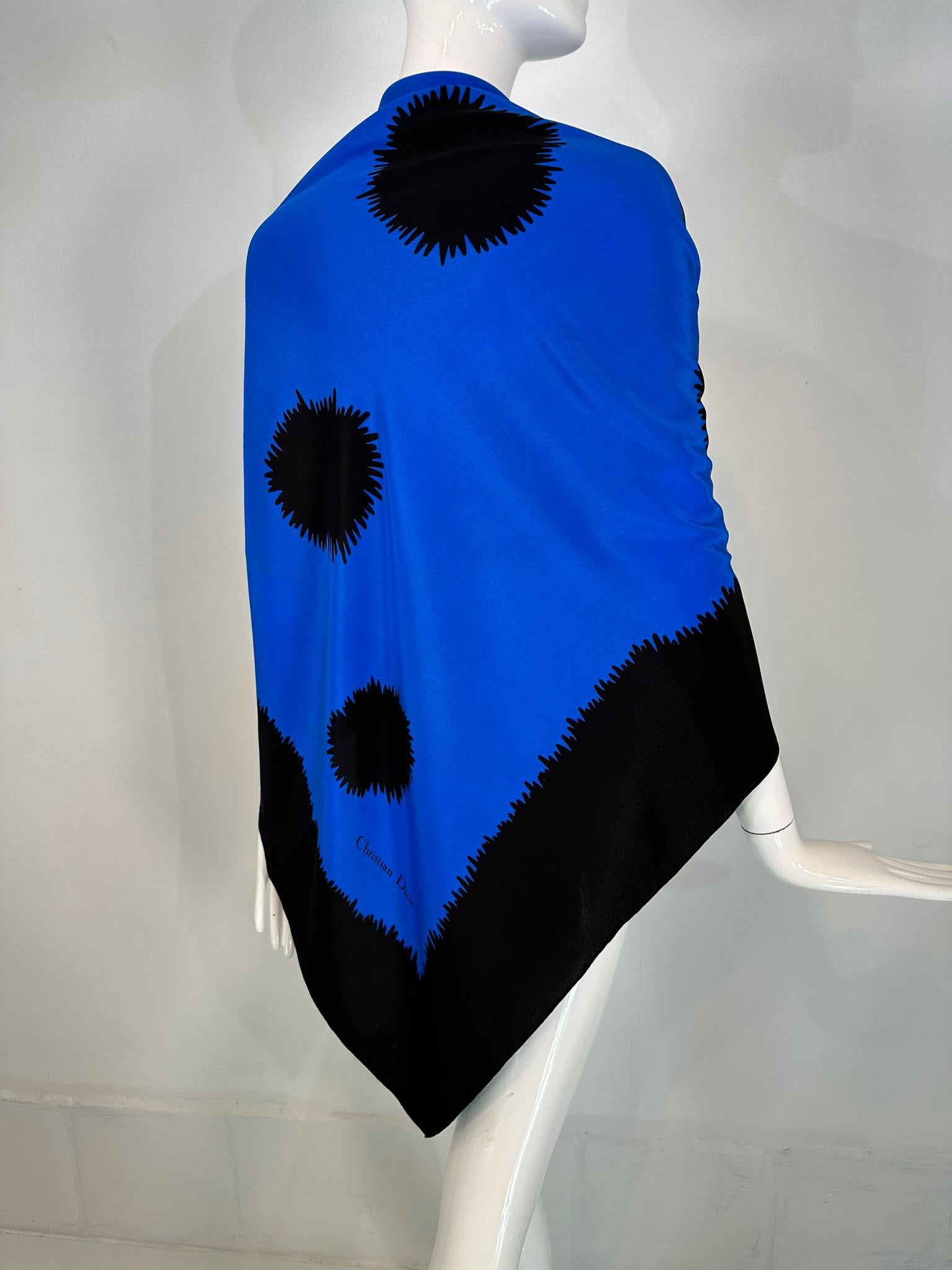 Christian Dior Large Black & Blue Silk Starburst Design Shawl Wrap Scarf 54
