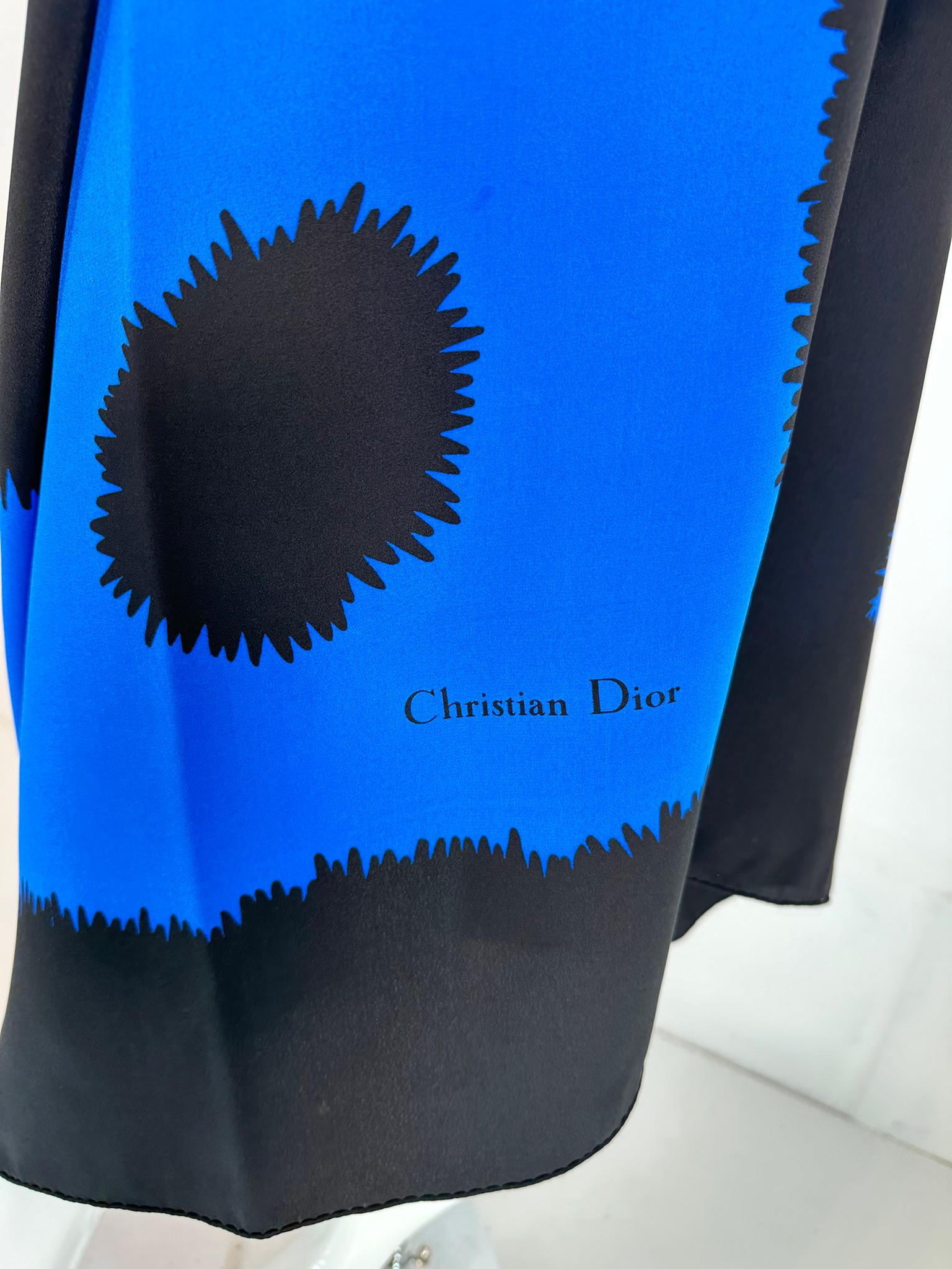 Christian Dior large black & blue silk starburst design shawl, wrap, scarf. Large 54