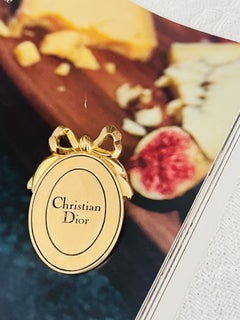 CHRISTIAN DIOR Large Black Logo Oval Pendant Ribbon Bow Badge Gold Pin Brooch