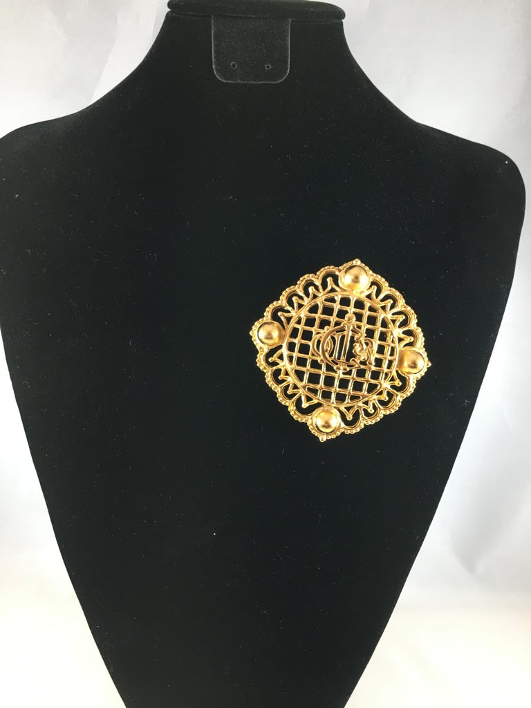 Christian Dior Large Goldtone Logo Brooch For Sale at 1stdibs
