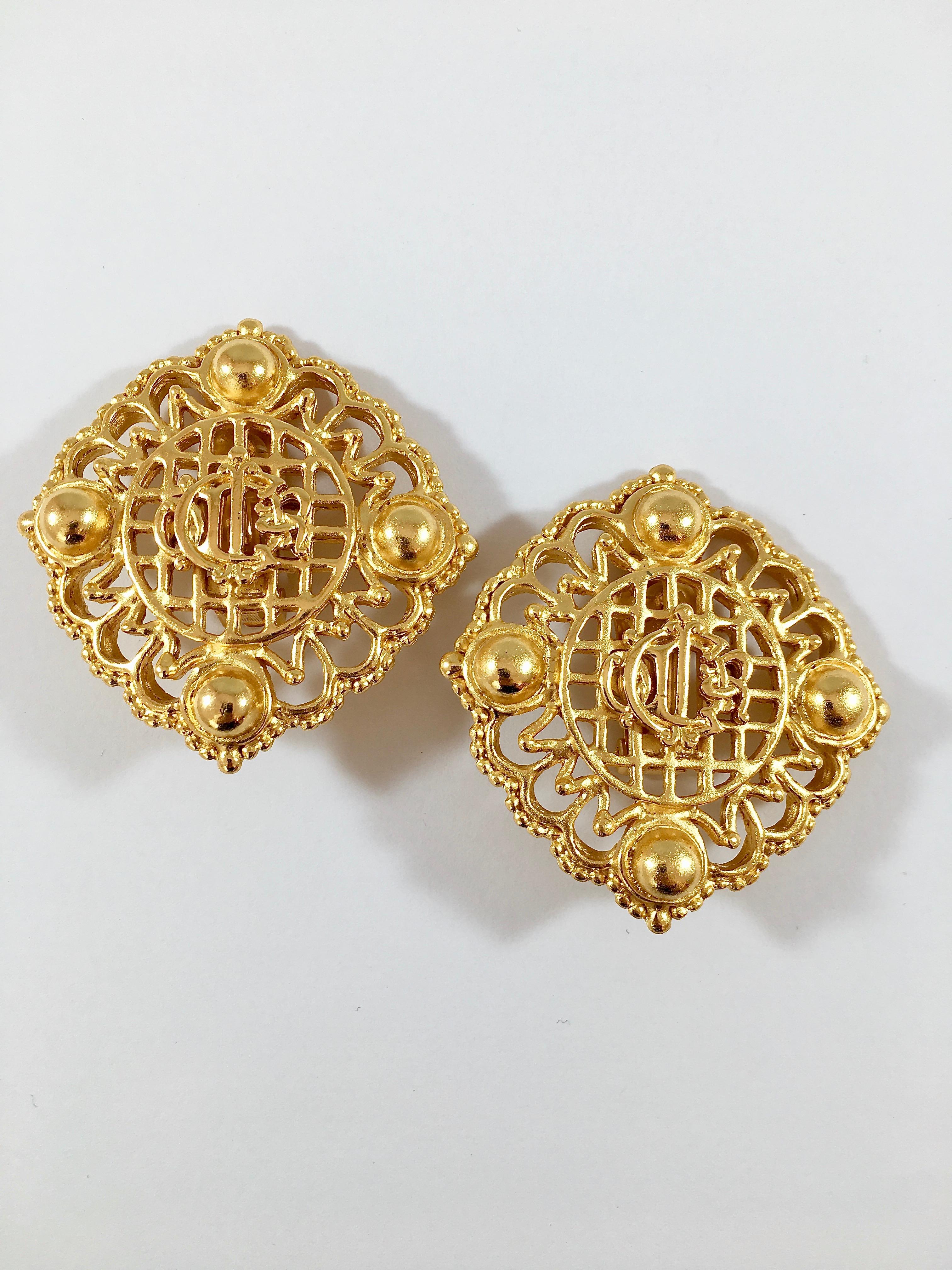 Women's Christian Dior Large Goldtone Logo Earrings 1980s For Sale