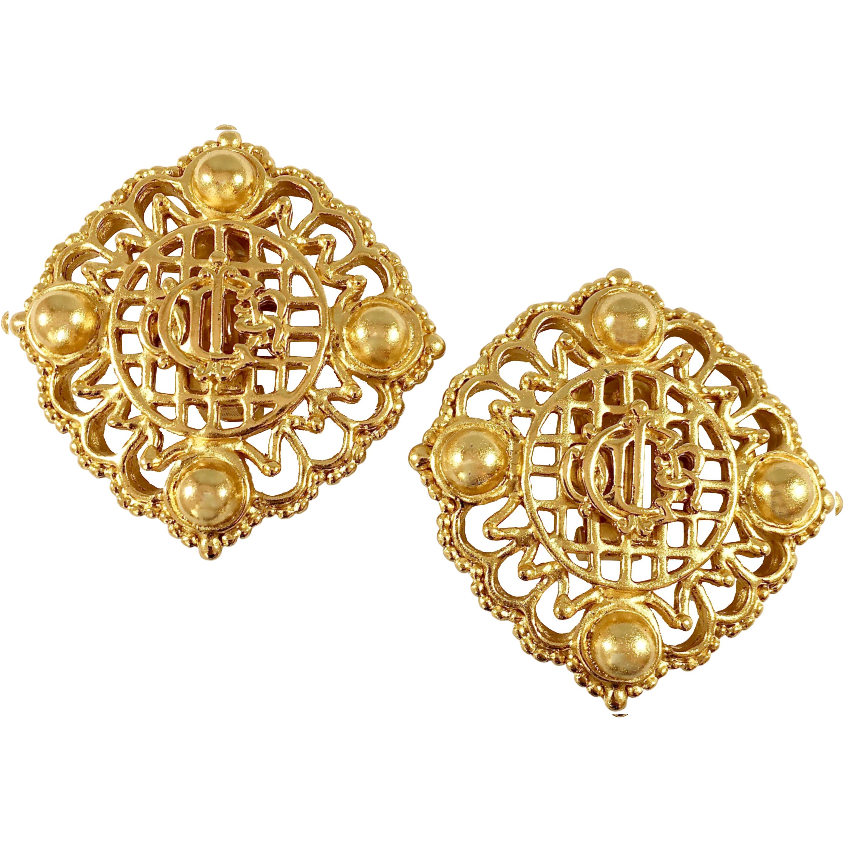 Christian Dior Large Goldtone Logo Earrings 1980s For Sale