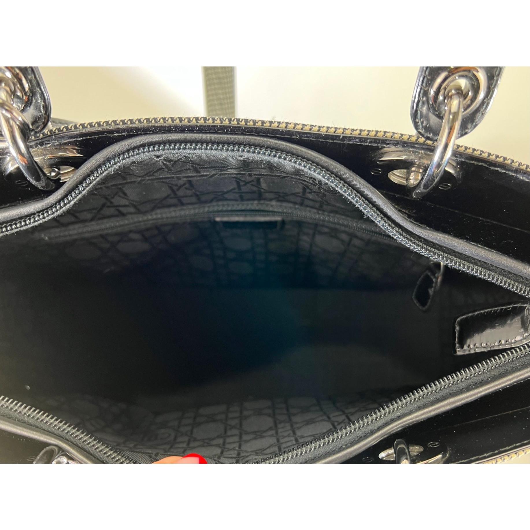 Christian Dior Large Lady Black Patent Leather Canvas Hand Bag For Sale 7