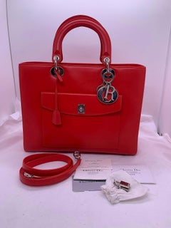 Christian Dior Large Lady Dior Red Smooth Leather Tote Front Pocket GHW Auth