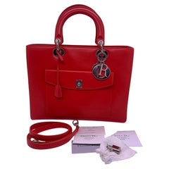 Christian Dior Large Lady Dior Red Smooth Leather Tote Front Pocket GHW Auth