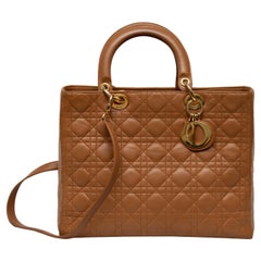 Christian Dior Large Lady Dior Top Handle Bag Camel With Gold Hardware