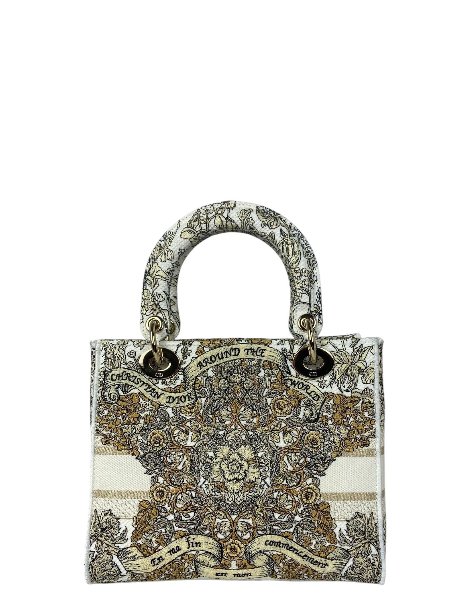 Christian Dior Latte Embroidery Around the World Motif Medium Lady D-Lite Bag In Excellent Condition For Sale In New York, NY