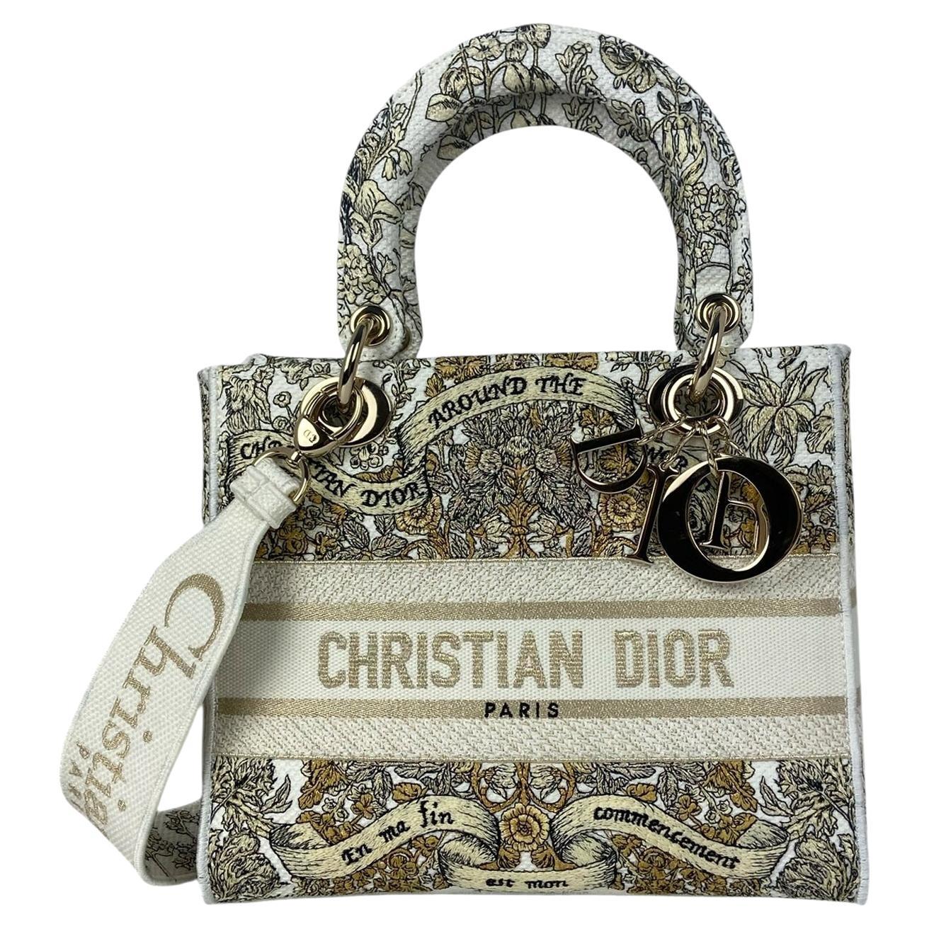 Christian Dior Latte Embroidery Around the World Motif Medium Lady D-Lite Bag For Sale