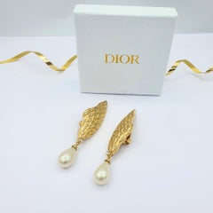 Christian Dior Leaf-Shaped Pearl & Crystal Clip-On Earrings 1970s