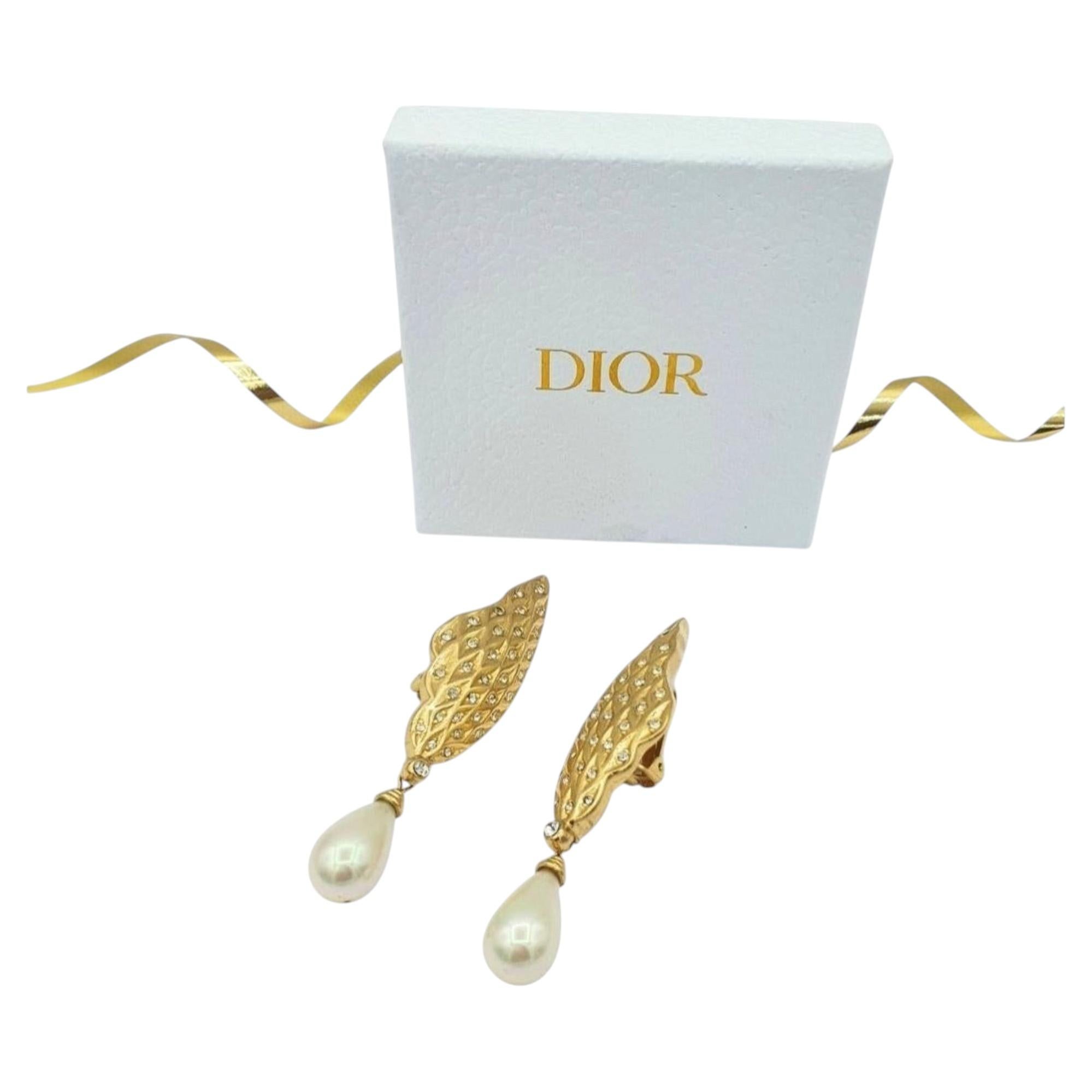 Christian Dior Leaf-Shaped Pearl & Crystal Clip-On Earrings 1970s For Sale