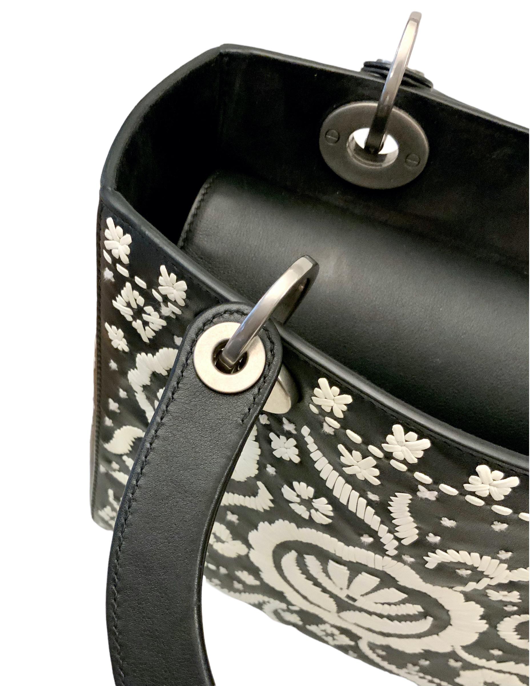 Christian Dior Leather Floral Black White Lady Dior Bag Limited Edition 4