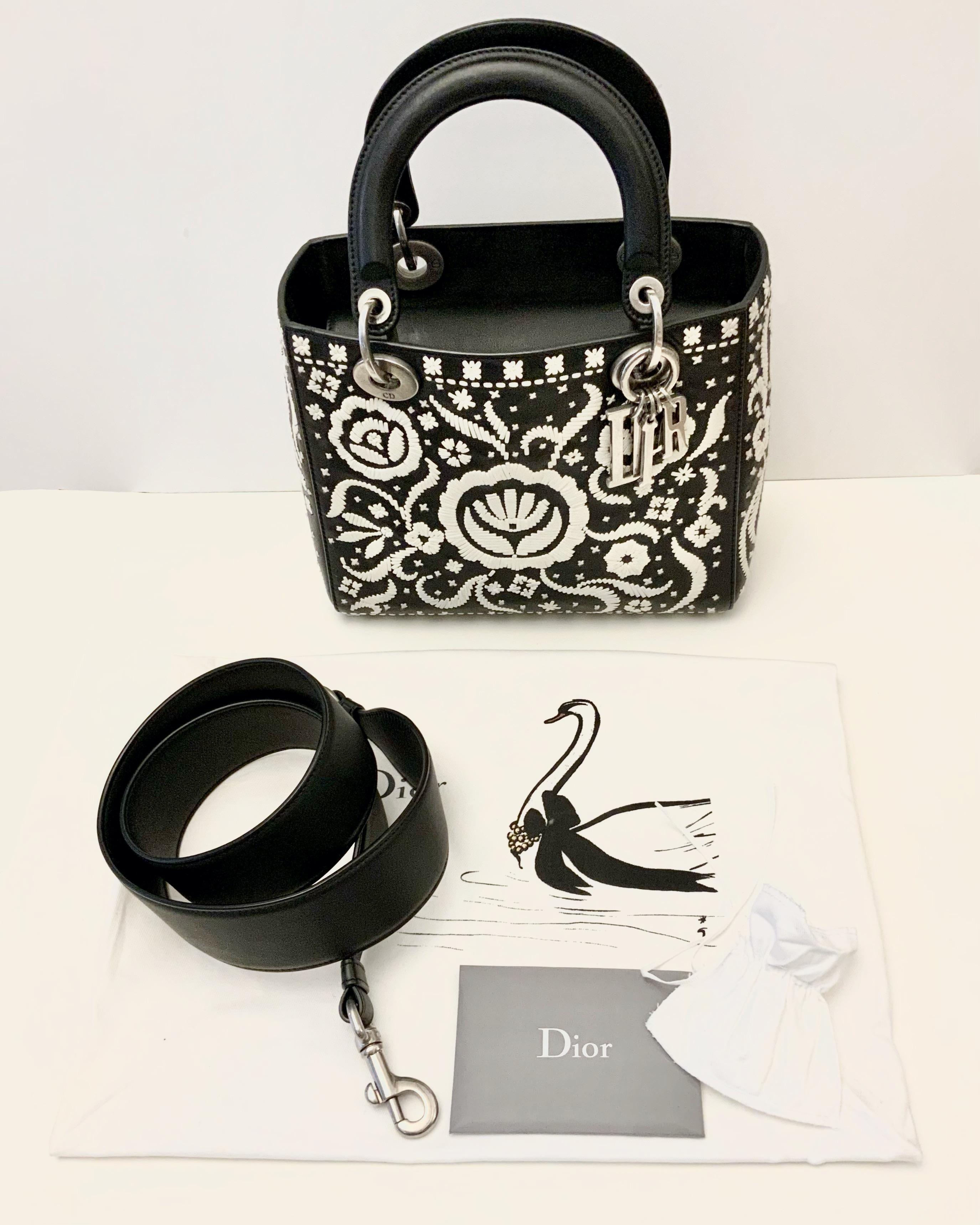 Christian Dior Leather Floral Black White Lady Dior Bag Limited Edition 8