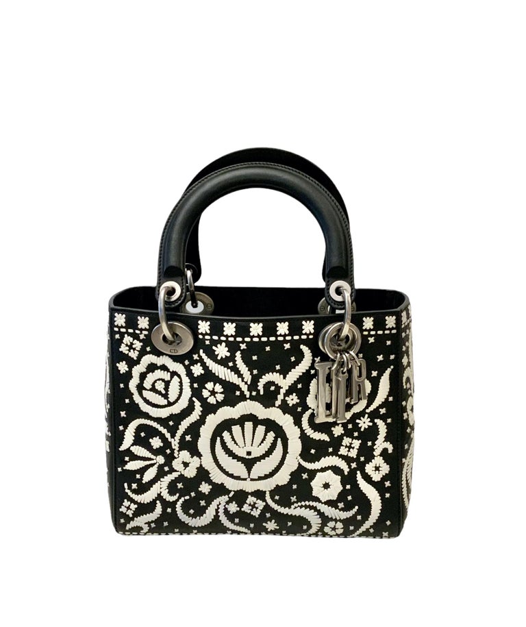 Christian Dior Leather Floral Black White Lady Dior Bag Limited Edition ...