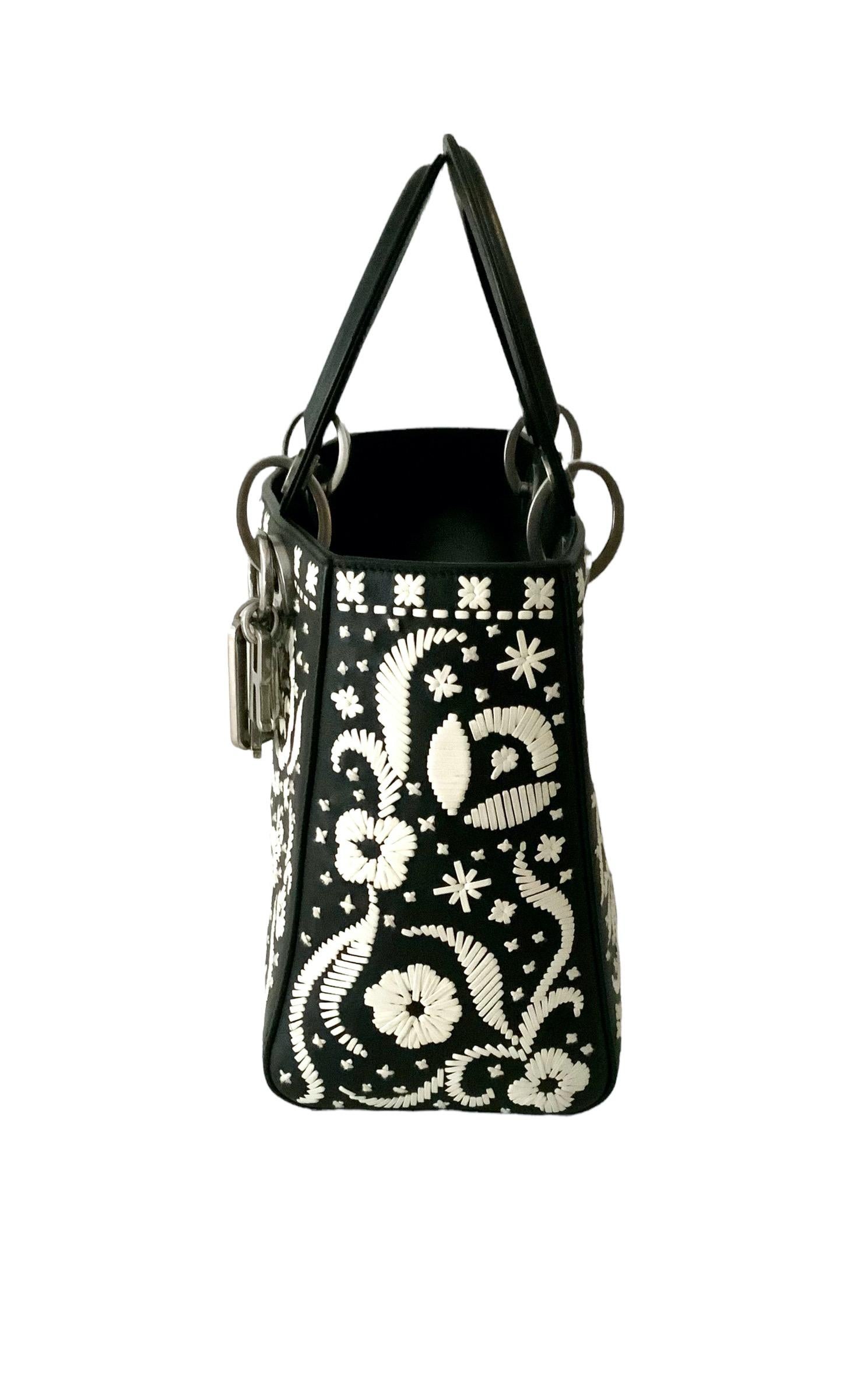 Christian Dior Leather Floral Black White Lady Dior Bag Limited Edition In Good Condition In Geneva, CH