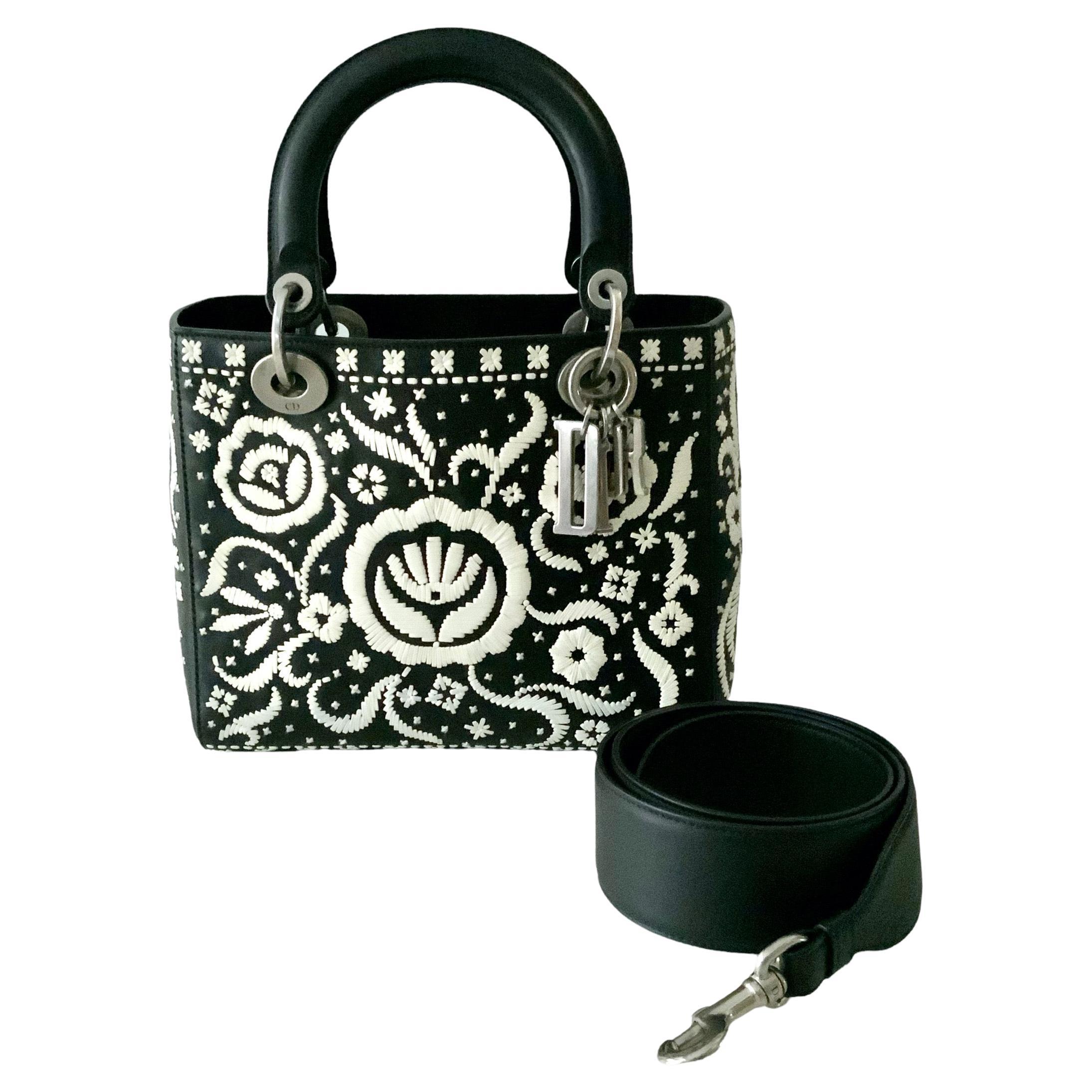 Christian Dior Leather Floral Black White Lady Dior Bag Limited Edition