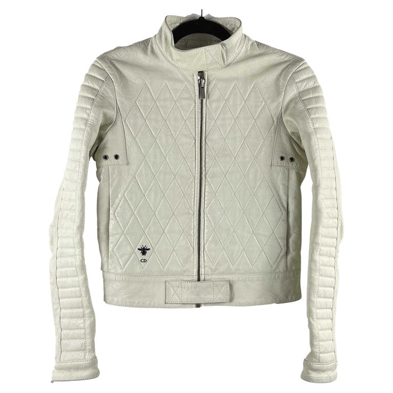 Christian Dior Leather Jacket Quilted Stitched Rider Ivory / Silver 34 ...