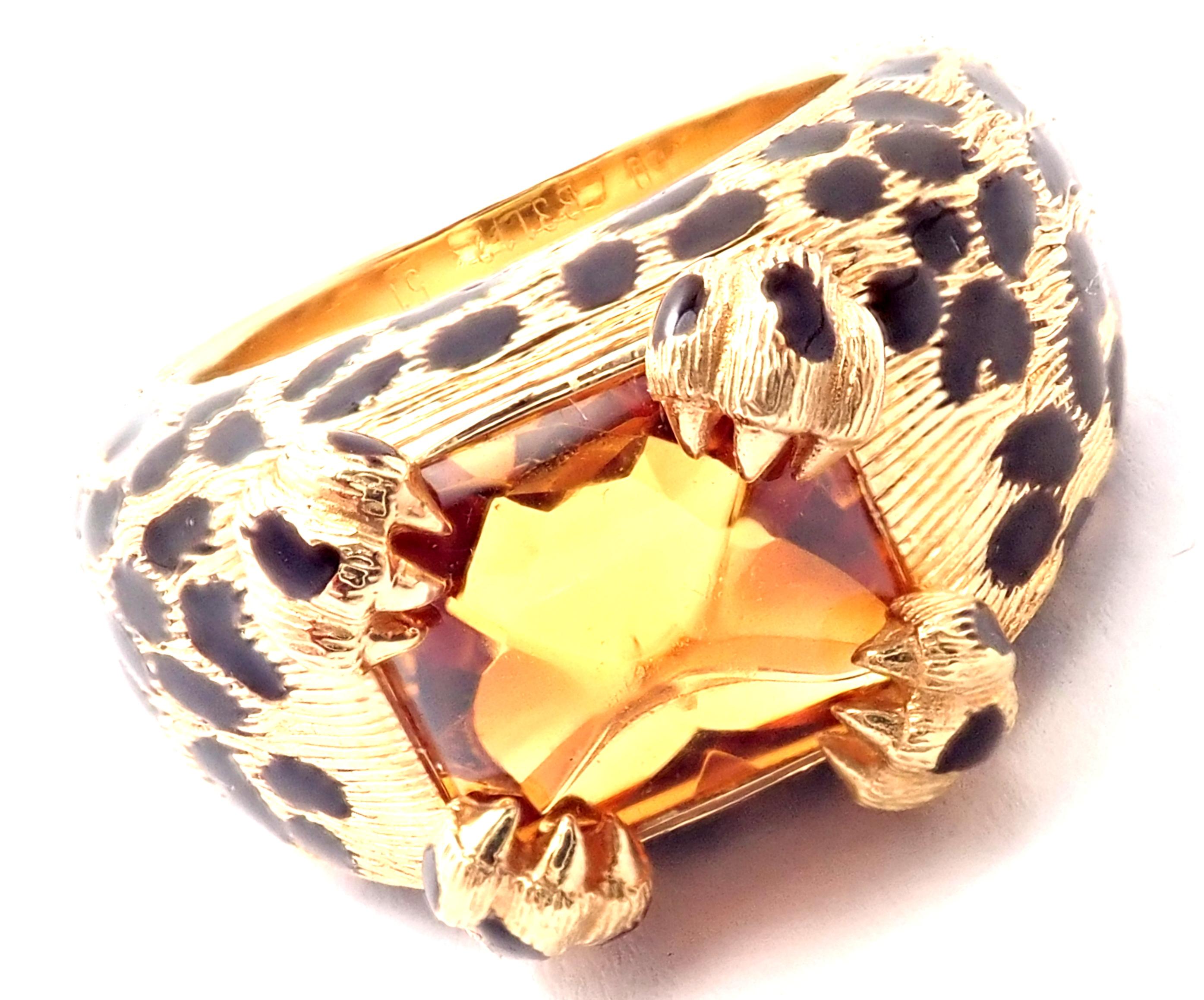 18k Yellow Gold Leopard Citrine & Enamel Ring by Christian Dior. 
This absolutely gorgeous ring comes with an original Dior certificate of authenticity. 
With One Large Citrine Stone: 10mm x 10mm.
Details: 
Size: European 51, US 5 3/4
Width at Top: