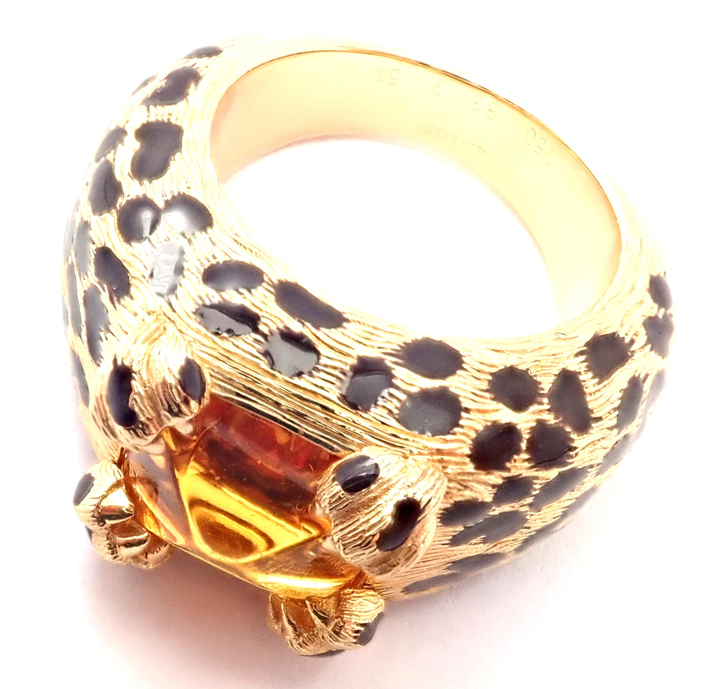 Asscher Cut Christian Dior Leopard Citrine and Enamel Yellow Gold Ring For Sale