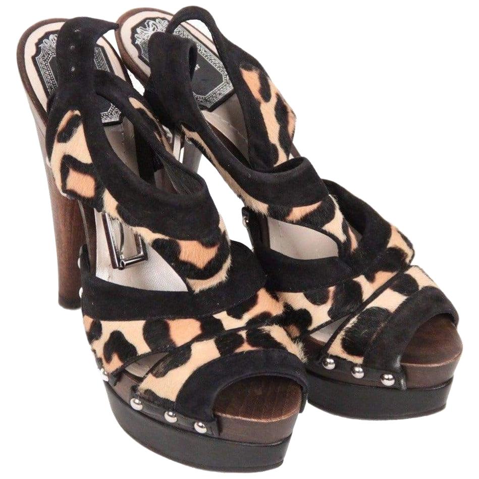 CHRISTIAN DIOR Leopard Ponyhair Wooden Heel PLATFORM SANDALS 35.5 IT