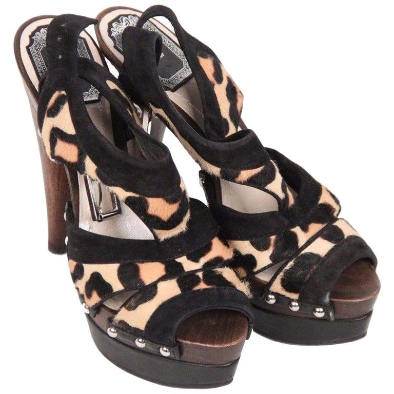 Christian Dior Leopard Ponyhair Wooden Heel Platform Sandals 35 5 It For Sale At 1stdibs