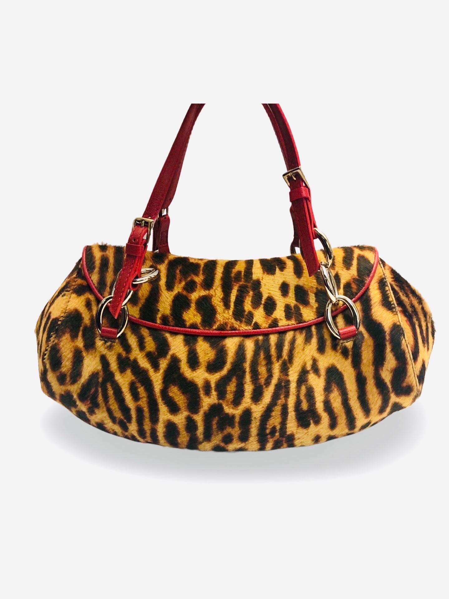  - Christian Dior medium sized leopard pattern horse hair handbag

- Featuring a red leather trim and red adjustable leather handles. Single flap closure, silver hardware throughout the bag. 

- A big silver toned hardware 