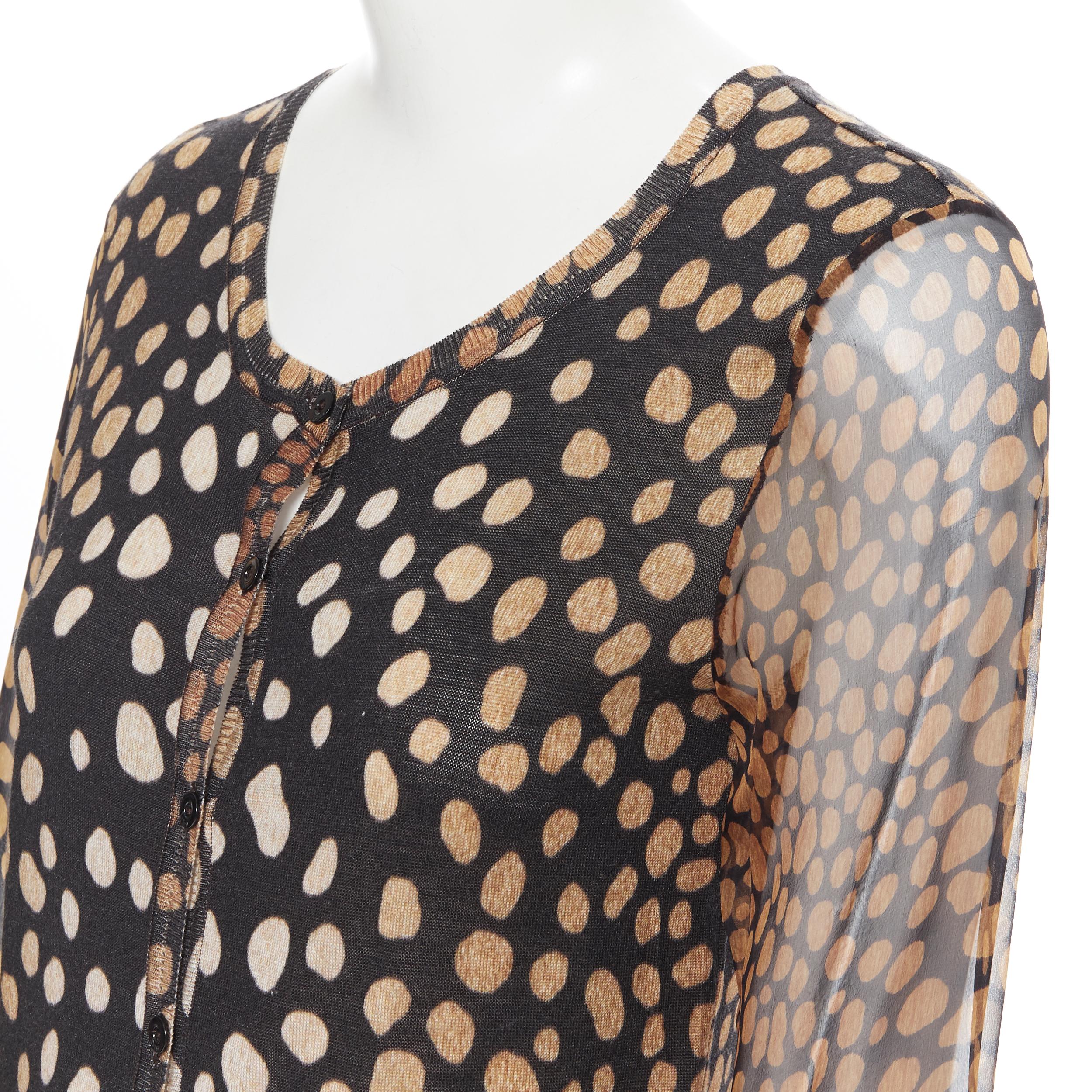 CHRISTIAN DIOR leopard print wool knit silk sleeves cardigan sweater FR34 XS 
Reference: LNKO/A01700 
Brand: Christian Dior 
Material: Wool 
Color: Brown 
Pattern: Leopard 
Closure: Button 
Extra Detail: Round neck. Button front. Semi sheer silk