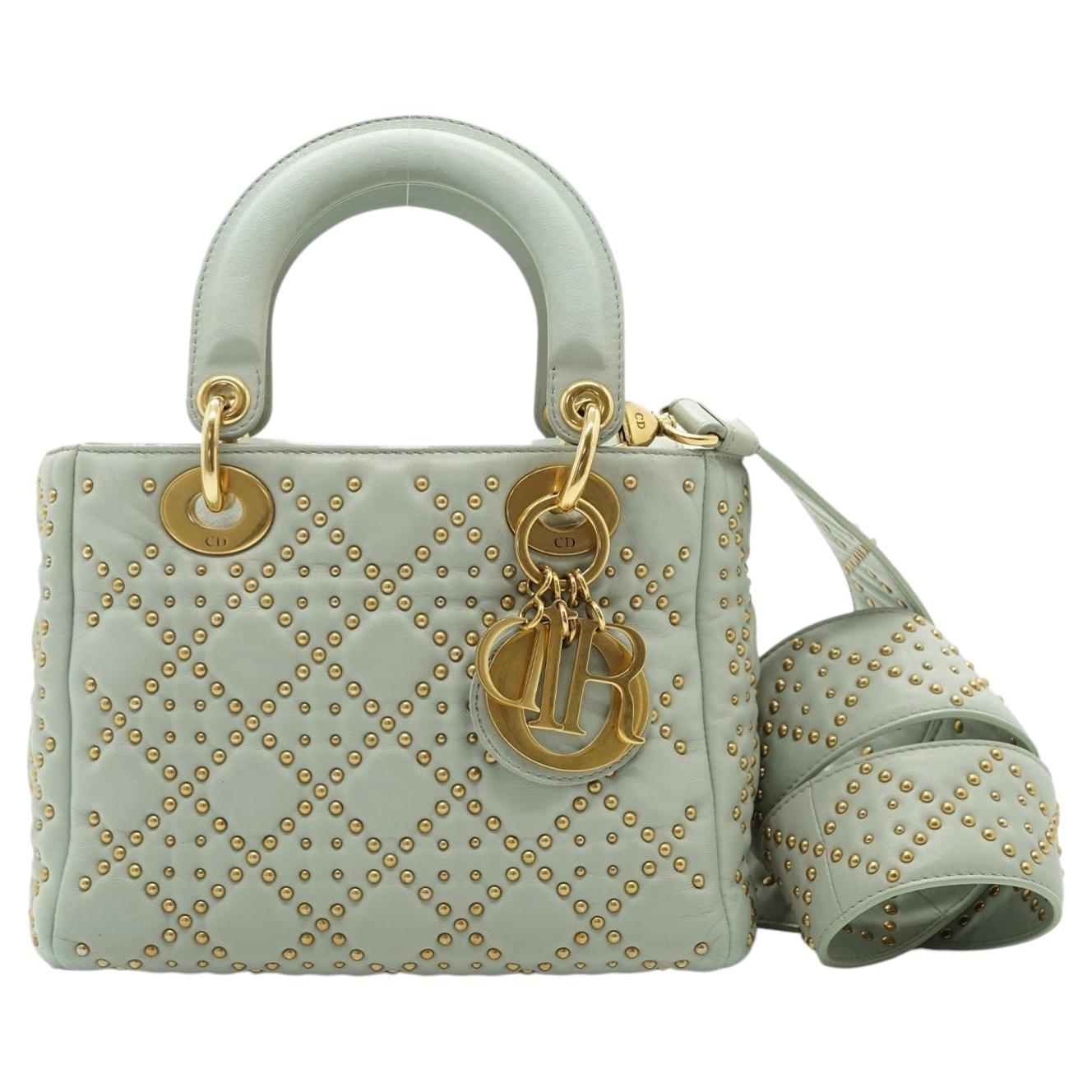 Christian Dior Light Blue Cannage Studded Leather Mini Lady Dior Bag