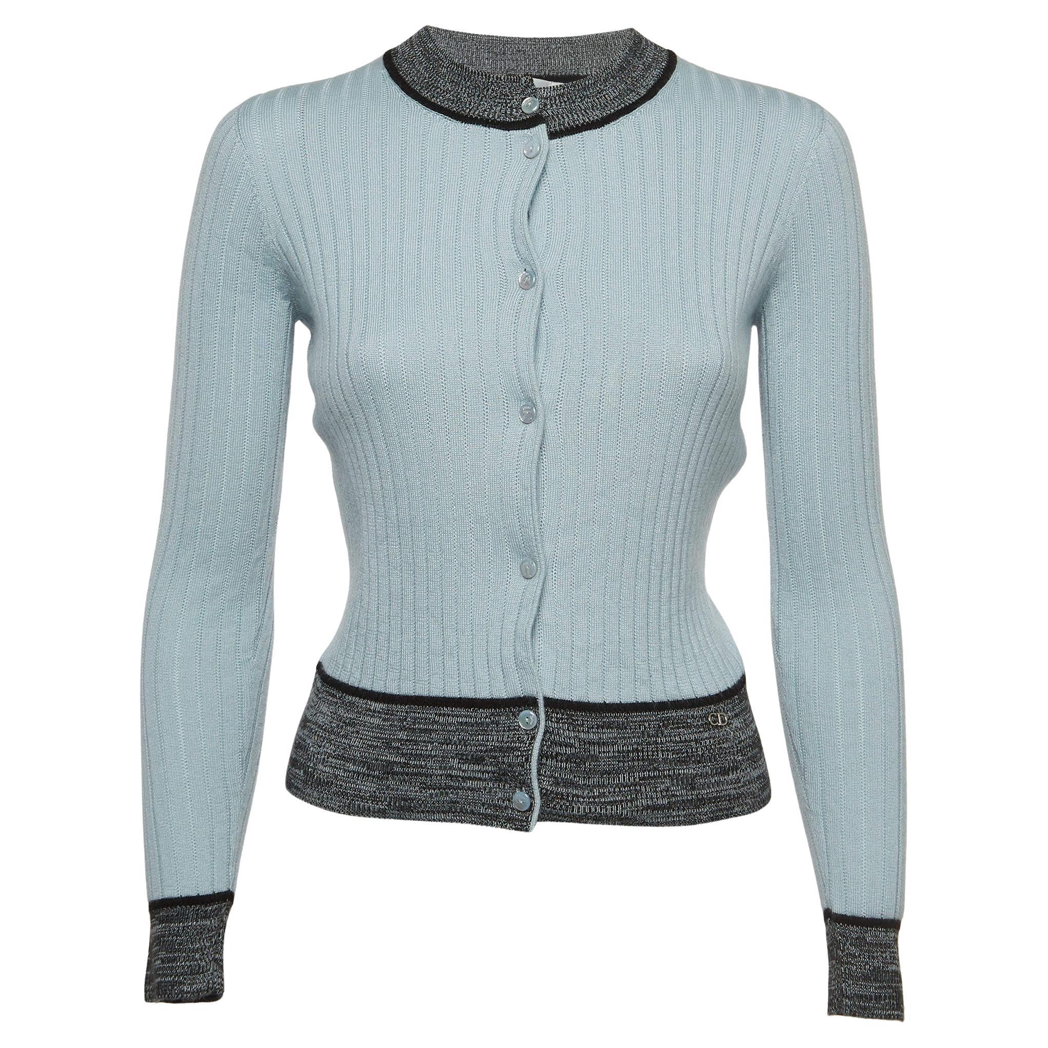 Christian Dior Light Blue Cashmere & Silk Knit Buttoned Sweater S For Sale