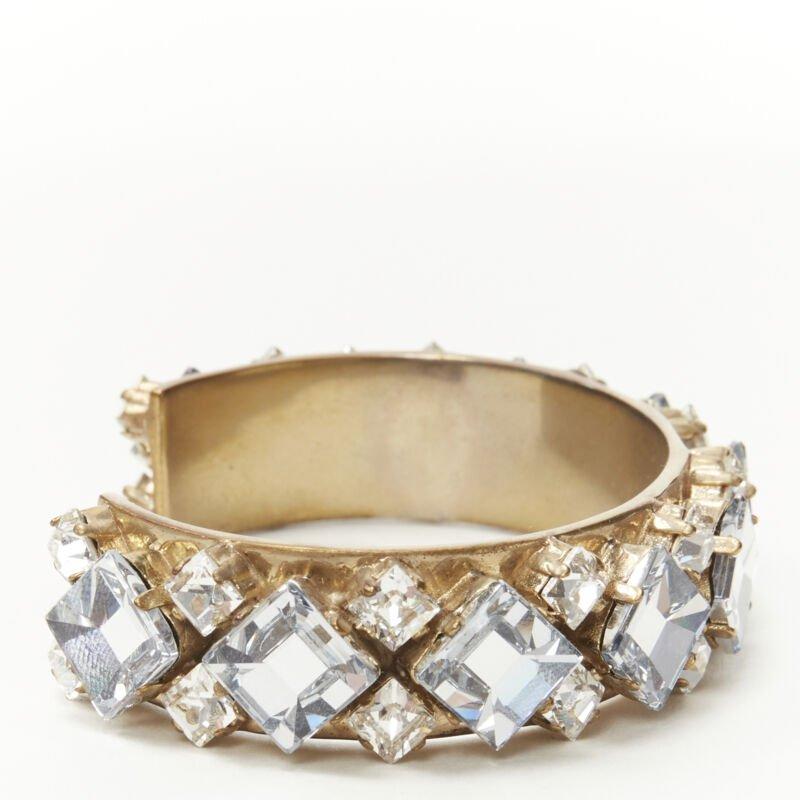 CHRISTIAN DIOR light blue clear square crystal jewel gold-tone cuff bangle M In Excellent Condition For Sale In Hong Kong, NT