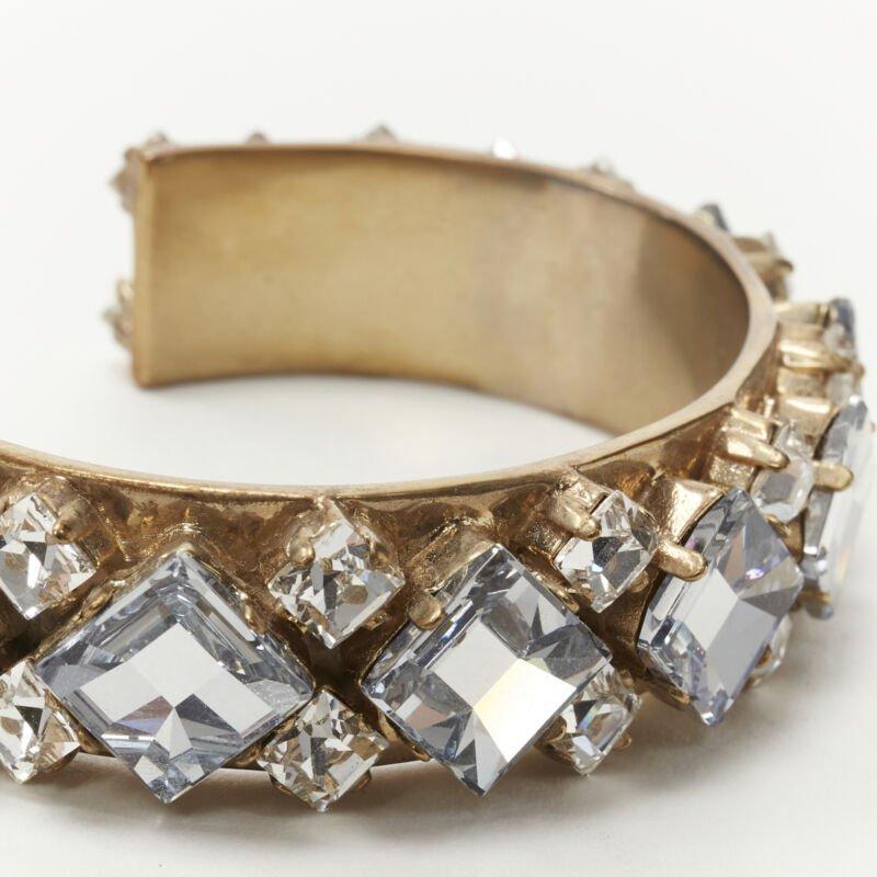 CHRISTIAN DIOR light blue clear square crystal jewel gold-tone cuff bangle M For Sale 2