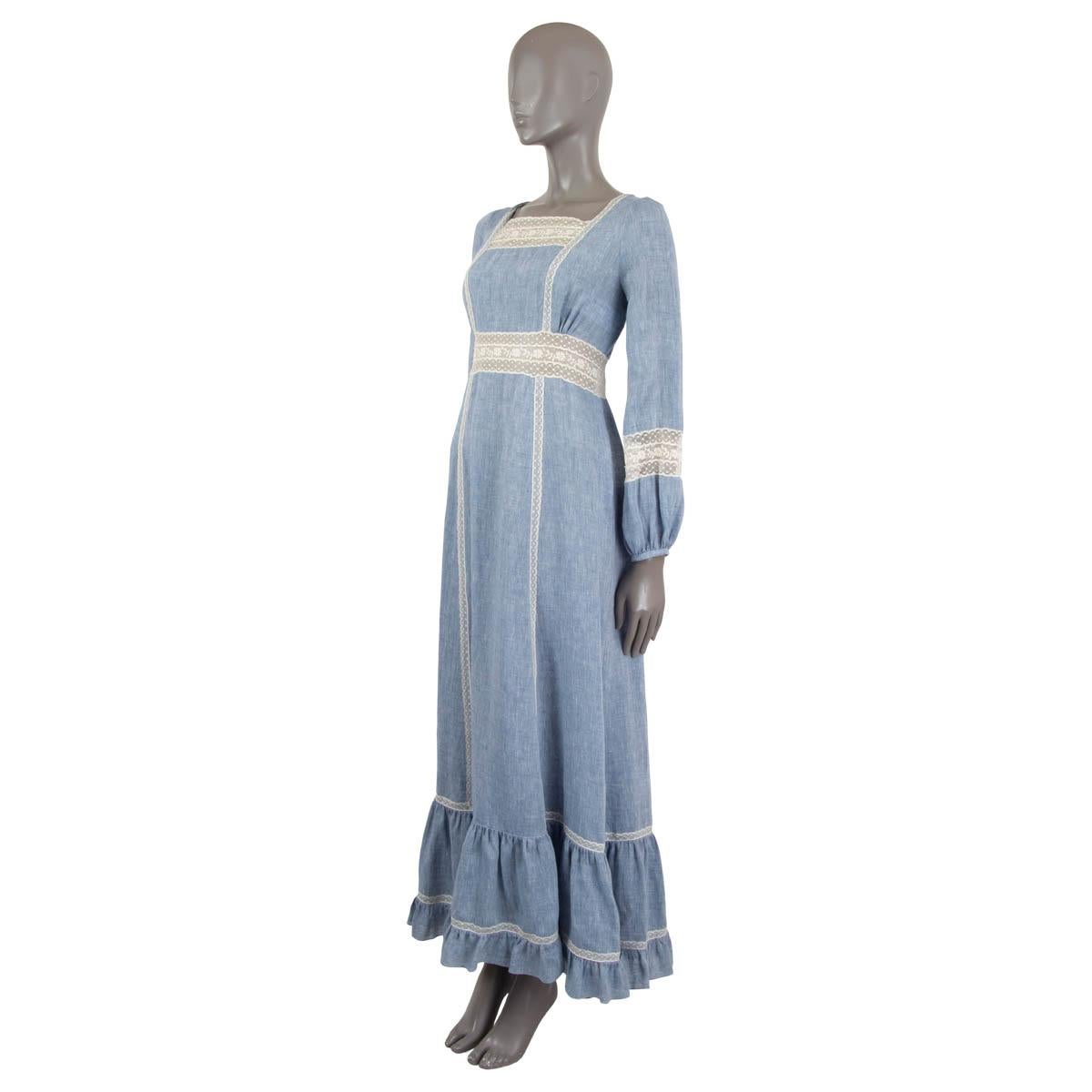 100% authentic Christian Dior prairie maxi dress in light blue linen (100%) with ivory Chambray lace trim in cotton (95%) and nylon (5%). The design features a square neck with lace insert and an open back with lace-up detail. Opens with a zipper on